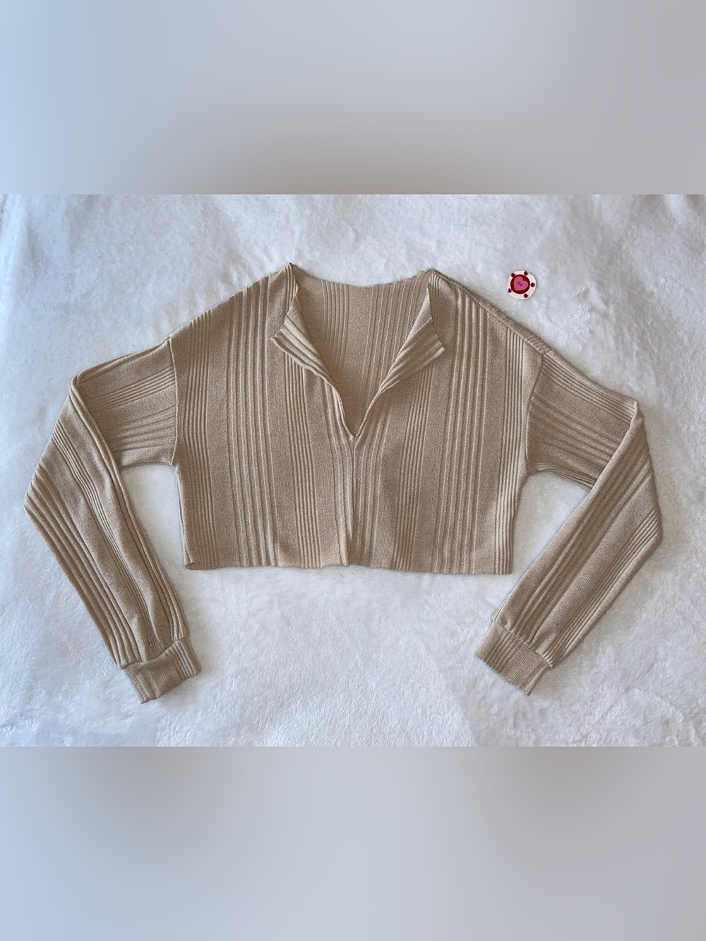 SHEIN Beige Ribbed Knit Cropped Long-Sleeve Top